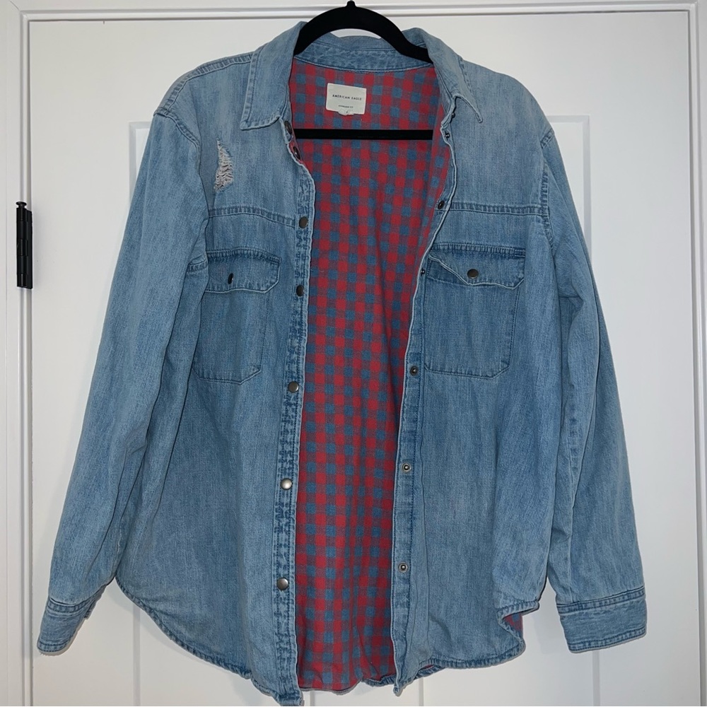 American Eagle Plaid Lined Denim Shirt